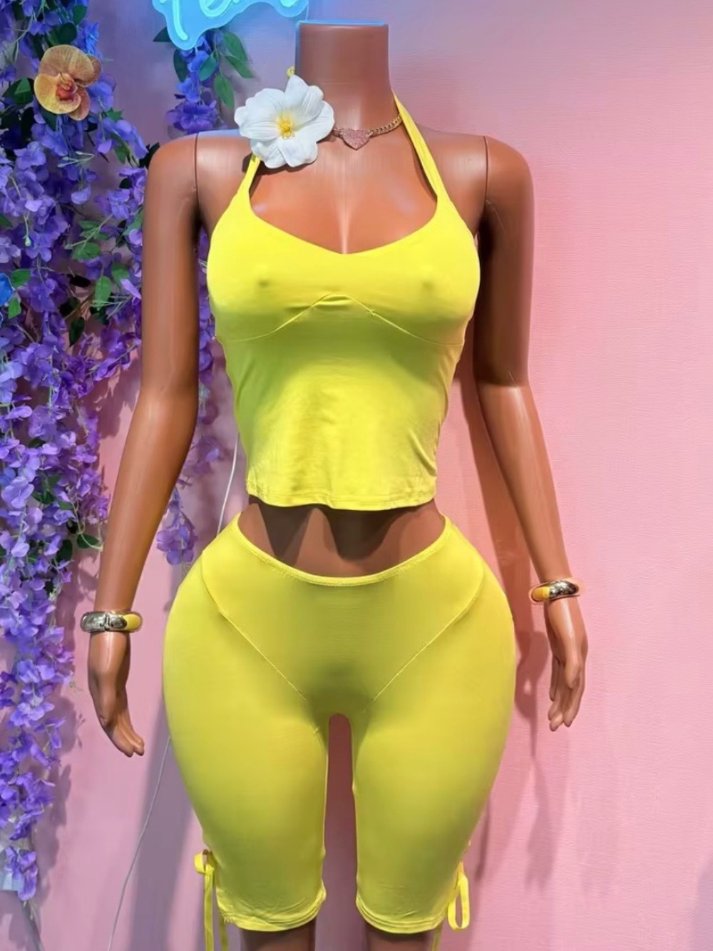 Women’s Halter Crop Top & Biker Short Set - Yellow